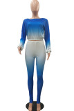 Blue Fashion Casual Adult Polyester Gradual Change Split Joint O Neck Long Sleeve Regular Sleeve Short Two Pieces