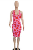 Pink Fashion Sexy Print Hollowed Out U Neck Vest Dress
