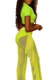 Fluorescent green Fashion Sexy adult Patchwork Solid Mesh Stringy selvedge Zippered Two Piece Suits HOLLOWED OUT Straight Short Sleeve Two Pieces
