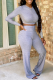 Grey Sexy Solid Patchwork V Neck Long Sleeve Two Pieces