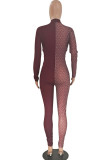Wine Red Fashion Sexy Split Joint See-through Turtleneck Skinny Jumpsuits