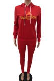 Red Sportswear Letter Print Patchwork Hooded Collar Long Sleeve Two Pieces