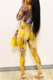 Colour Casual Print Hollowed Out Patchwork Tie-dye O Neck Long Sleeve Two Pieces