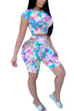 Blue Polyester Fashion Casual adult Ma'am Tie Dye Two Piece Suits HOLLOWED OUT pencil Short Sleeve Two Pieces