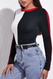 Black Red Casual Solid Patchwork O Neck Tops
