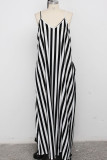 Pink Polyester Fashion Sexy Black Blue Pink Spaghetti Strap Sleeveless V Neck Swagger Floor-Length Striped Dresses