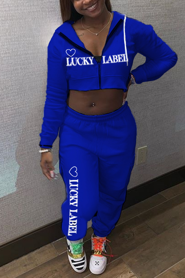 Blue Sportswear Print Letter Hooded Collar Long Sleeve Two Pieces