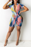 Colour Fashion Casual Print Basic Zipper Collar Skinny Romper