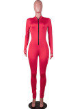 rose red Fashion Casual Solid zipper Milk. Long Sleeve O Neck Jumpsuits