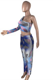 Blue Fashion Sexy Print Backless Oblique Collar Long Sleeve Two Pieces