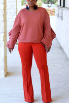 Red O Neck Patchwork Polyester Pure Sweats & Hoodies