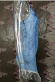 Deep Blue Fashion Sexy Solid Tassel Split Joint V Neck Sling Dress