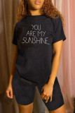 Black Fashion Casual Letter Print Basic O Neck Short Sleeve Two Pieces