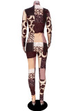 Coffee Casual Print Patchwork O Neck Long Sleeve Two Pieces