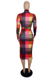 Colour Fashion Casual Plaid Print With Belt Half A Turtleneck Long Sleeve Dresses