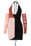 Black Sexy Patchwork Fold V Neck Dresses