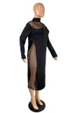 Black Fashion Plus Size Patchwork Hollowed Out See-through Turtleneck Long Sleeve Dresses