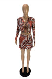 Red Fashion Sexy Print Strap Design V Neck Long Sleeve Two Pieces