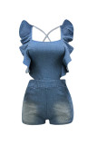 Blue Fashion Sexy Casual washing stringy selvedge Sleeveless Boat Neck Jumpsuits