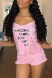Pink Casual Living Letter Print Backless Spaghetti Strap Sleeveless Two Pieces