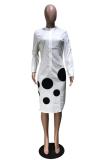 White Polyester Casual Fashion Cap Sleeve Long Sleeves Turndown Collar Slim Dress Knee-Length Solid Ball a