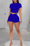 Blue venetian Fashion Sexy Solid backless Two Piece Suits pencil Short Sleeve Two Pieces