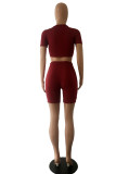 Red Fashion Sexy Print Ripped Hollowed Out O Neck Short Sleeve Two Pieces