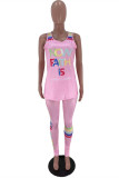 Pink Casual Sportswear Letter Print Vests Pants U Neck Sleeveless Two Pieces