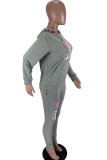 Grey Work Daily Letter Print Hooded Collar Long Sleeve Two Pieces