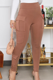 Brown Casual Solid Split Joint Skinny High Waist Pencil Bottoms