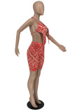 Red Fashion Sexy Print Hollowed Out Strap Design Asymmetrical Halter Sleeveless Two Pieces