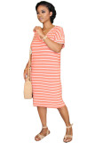 Red Sweet Fashion adult Cap Sleeve Short Sleeves O neck Step Skirt Knee-Length Striped Patchwo