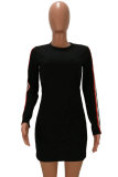 Black Fashion Sexy Cap Sleeve Long Sleeves O neck Slim Dress skirt Patchwork Striped Print Dresses