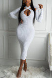Cream White Sexy Solid Hollowed Out O Neck Pencil Skirt Dresses