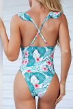 Red Sexy Print Split Joint Flounce Swimwears