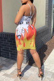 White Fashion Sexy Print Backless Spaghetti Strap Sleeveless Dress