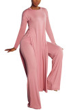 Pink Fashion British Style Adult Polyester Solid Slit O Neck Long Sleeve Regular Sleeve Long Two Pieces