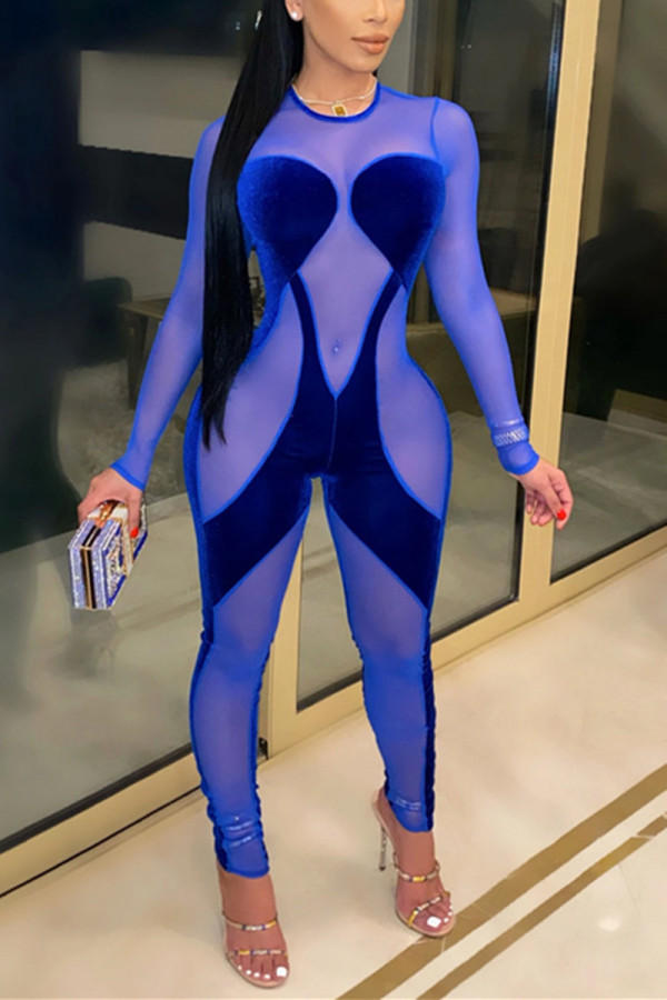 Blue Fashion Sexy Patchwork Solid See-through O Neck Skinny Jumpsuits