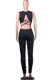 Black Fashion Sexy Patchwork Backless Hollow Solid Polyester Sleeveless V Neck Jumpsuits