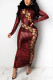 Wine Red Sexy Solid Hollowed Out Sequins Split Joint Frenulum O Neck Pencil Skirt Dresses