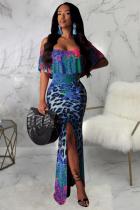 Sky Blue Polyester Fashion Sexy Off The Shoulder Short Sleeves One word collar Mermaid Floor-Length Draped Pr