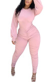 Pink Fashion Daily Adult Polyester Solid Fold O Neck Skinny Jumpsuits