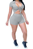 Grey Fashion Casual bandage Button Solid Polyester Short Sleeve Turndown Collar Jumpsuits