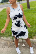 White Polyester Fashion adult OL White Pink Tank Sleeveless O neck Pencil Dress Knee-Length Print Patchwork bandage Tie and dye hollow out Dresses