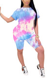 Yellow Fashion adult Patchwork Print Tie Dye Two Piece Suits Straight Short Sleeve Two Pieces