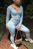Light Blue Casual Print O Neck Long Sleeve Two Pieces