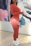 Pink Elegant Gradual Change Print O Neck Long Sleeve Two Pieces