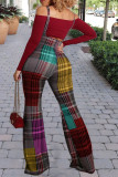 Wine Red Street Print Strapless Long Sleeve Two Pieces