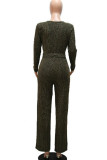 Gold Fashion Casual Polyester Solid Split Joint V Neck Straight Jumpsuits
