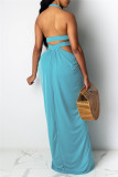 Rose Red Fashion Sexy Solid Hollowed Out Backless Slit Halter Sleeveless Dress